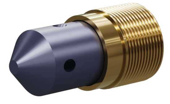 T045 Tungsten Carbide 60°/ 120° Angle Nozzle SERIES 1-1/4" Brass Thread, Quad Outlet 5/32"